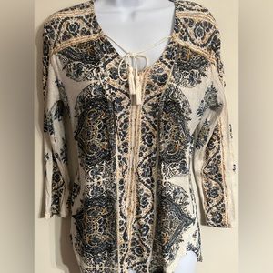 Lucky Brand Blue/Cream/Yellow Long-Sleeve Peasant Blouse